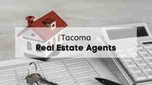 A photo of a miniature home on piece of paper with numbers next to a calculator and the text “Tacoma real estate agents”